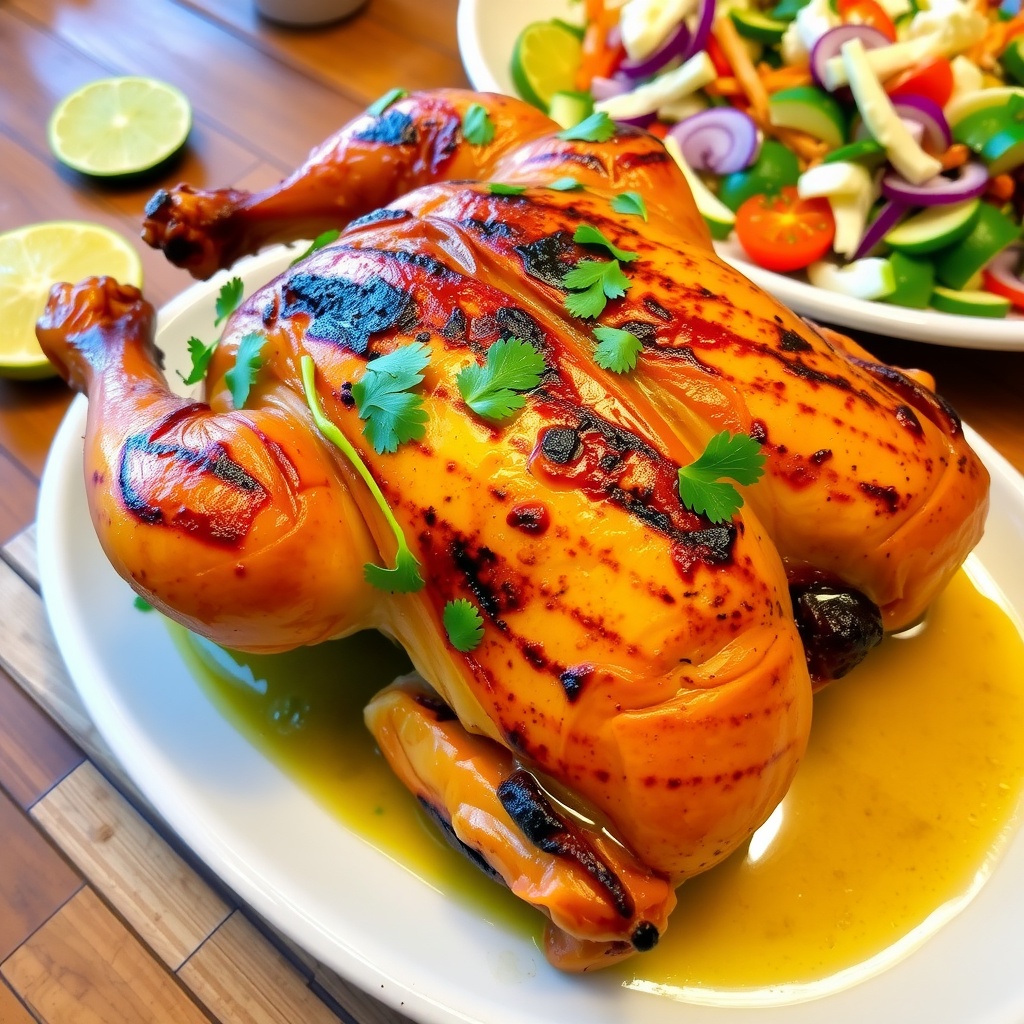 Grilled whole Peruvian chicken on a wooden table, garnished with cilantro and lime, with green sauce and salad on the side.